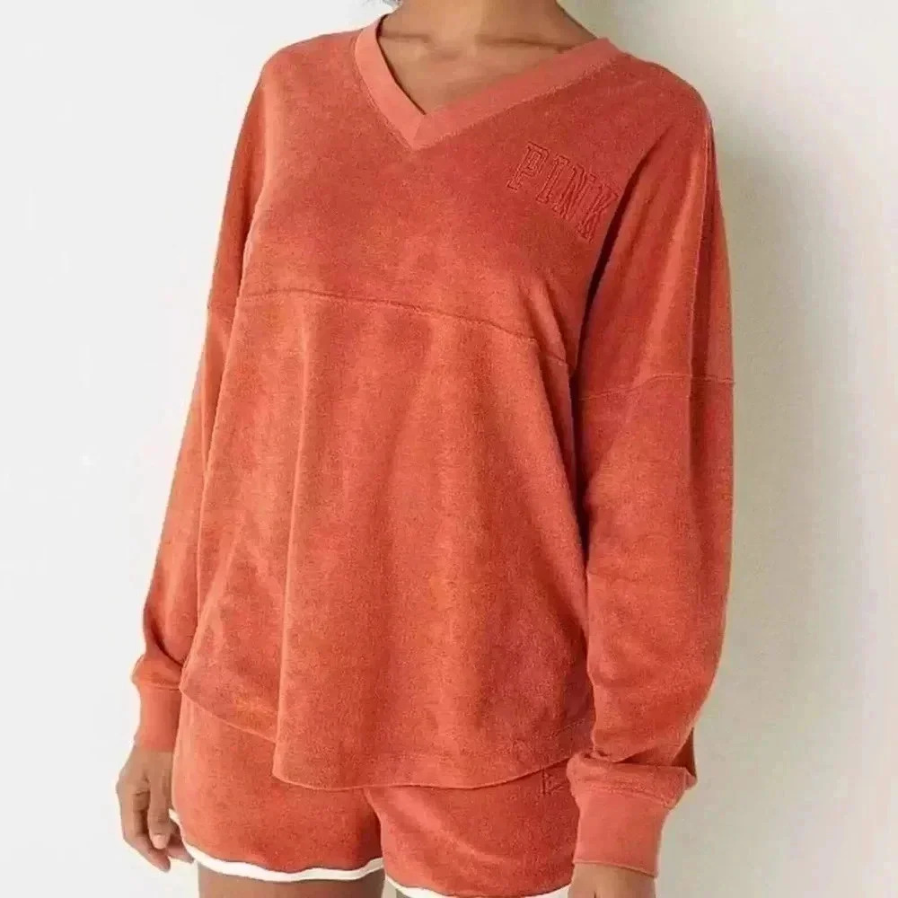 Victoria's Secret PINK Varsity Terry V-Neck Long Sleeve T-Shirt Orange NWT